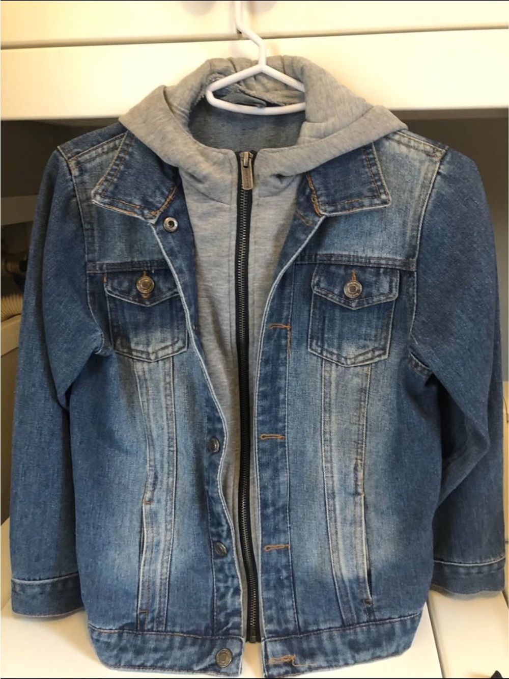Denim Jacket with Attached Gray Hoodie - Blue & Gray